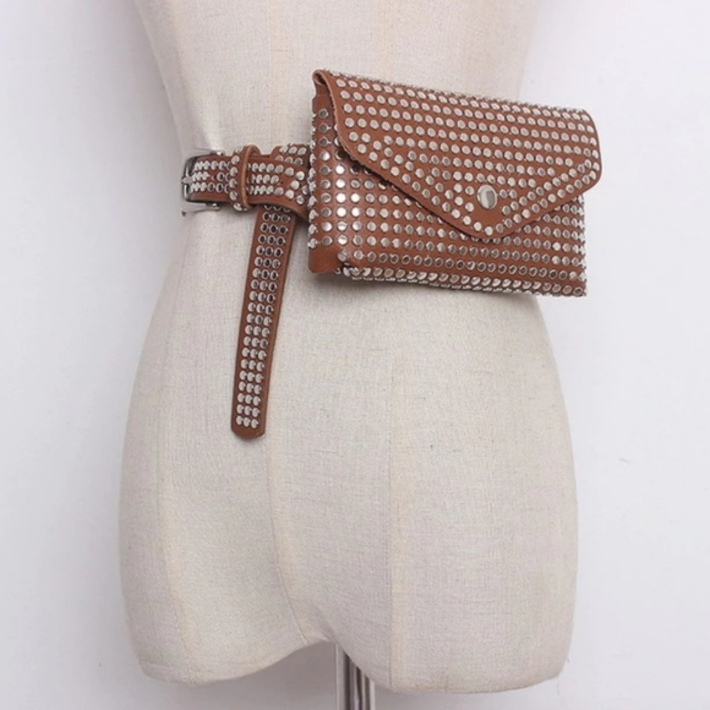 Brown Fanny Pack Waist Bag Studded Faux Leather - Picture 4 of 8